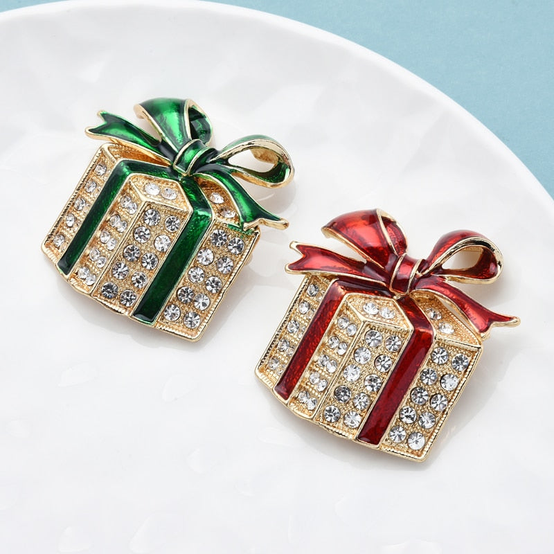 Rhinestone Enamel Gift Box Brooches