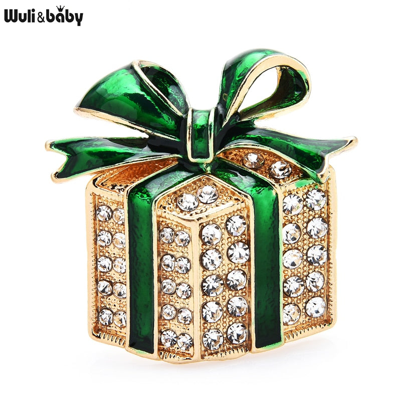 Rhinestone Enamel Gift Box Brooches